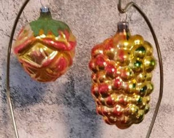 Vintage Christmas Ornaments Grape Cluster Flower/Vegtable Budding Blown Glass Gold Red/Ornage