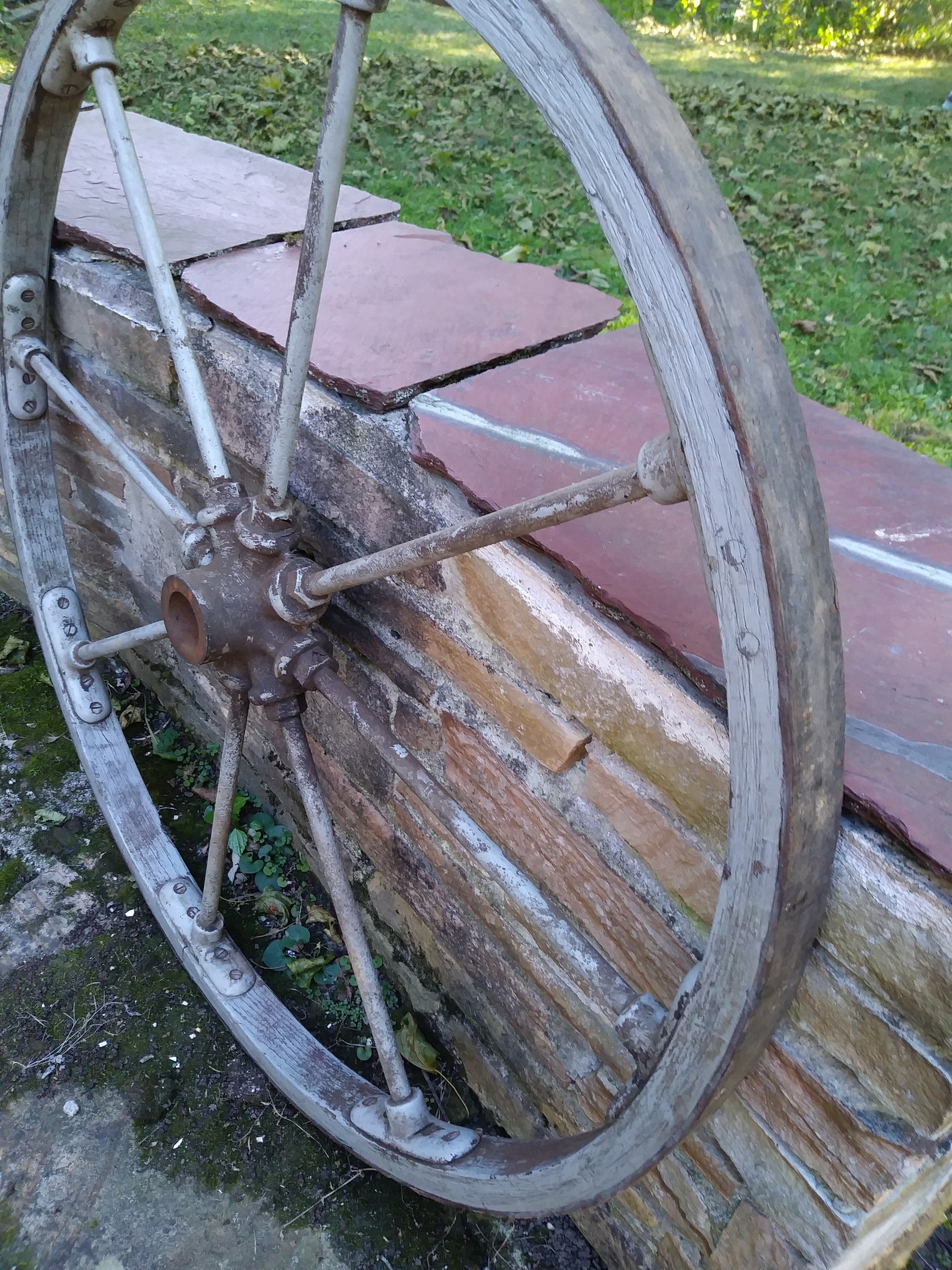 Antique Leather Banded Wooden Wheel With Iron Hub 36 Farm Garden