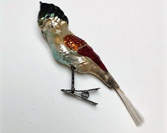 Figural Christmas Ornament Bird on a Clip German Parakeet Glass Christmas Ornament  1920s Collector Gift