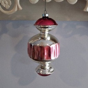 Large Christmas Ornament Pink Silver Vintage Blown Glass Fluted Large 7.5&quot; Ufo