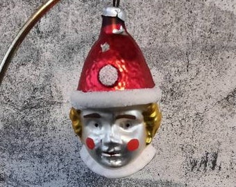 Figural Clown / Pierrot Head Christmas Ornament Blown Glass Vintage Ornament Medium Size 2.5"