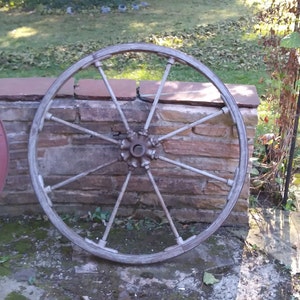 Antique Leather Banded Wooden Wheel with Iron Hub 36&quot; Farm Garden Industrial Primitive Decor