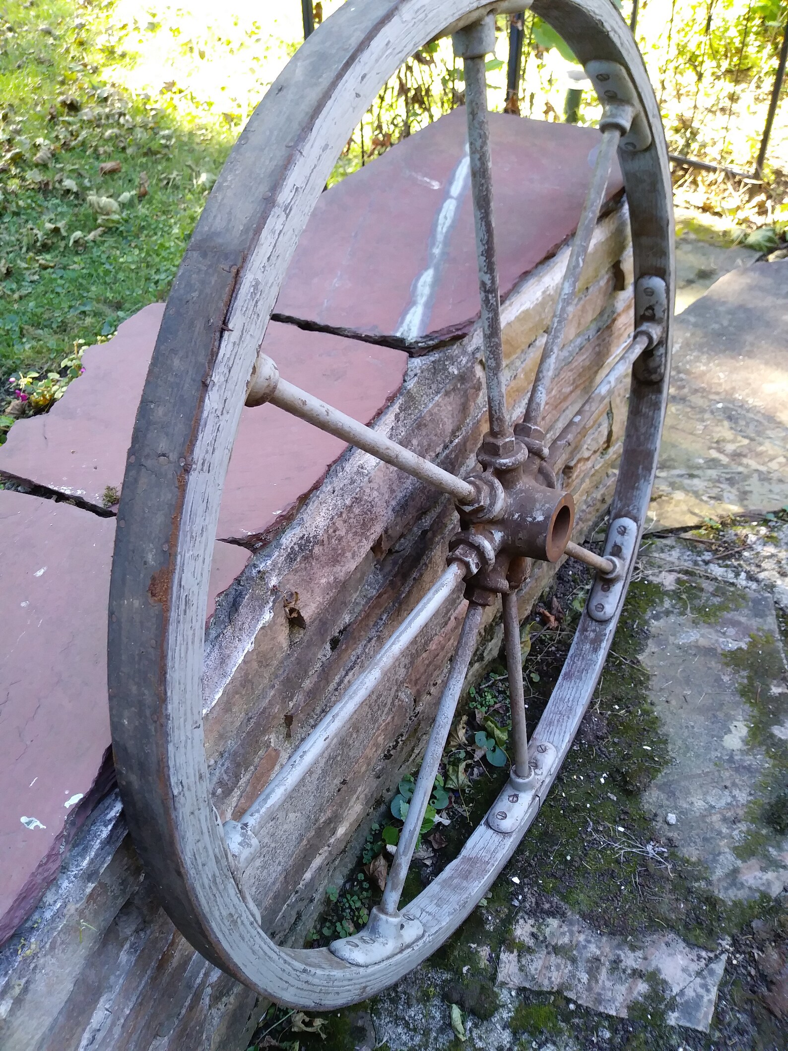 Antique Leather Banded Wooden Wheel With Iron Hub 36 Farm Garden