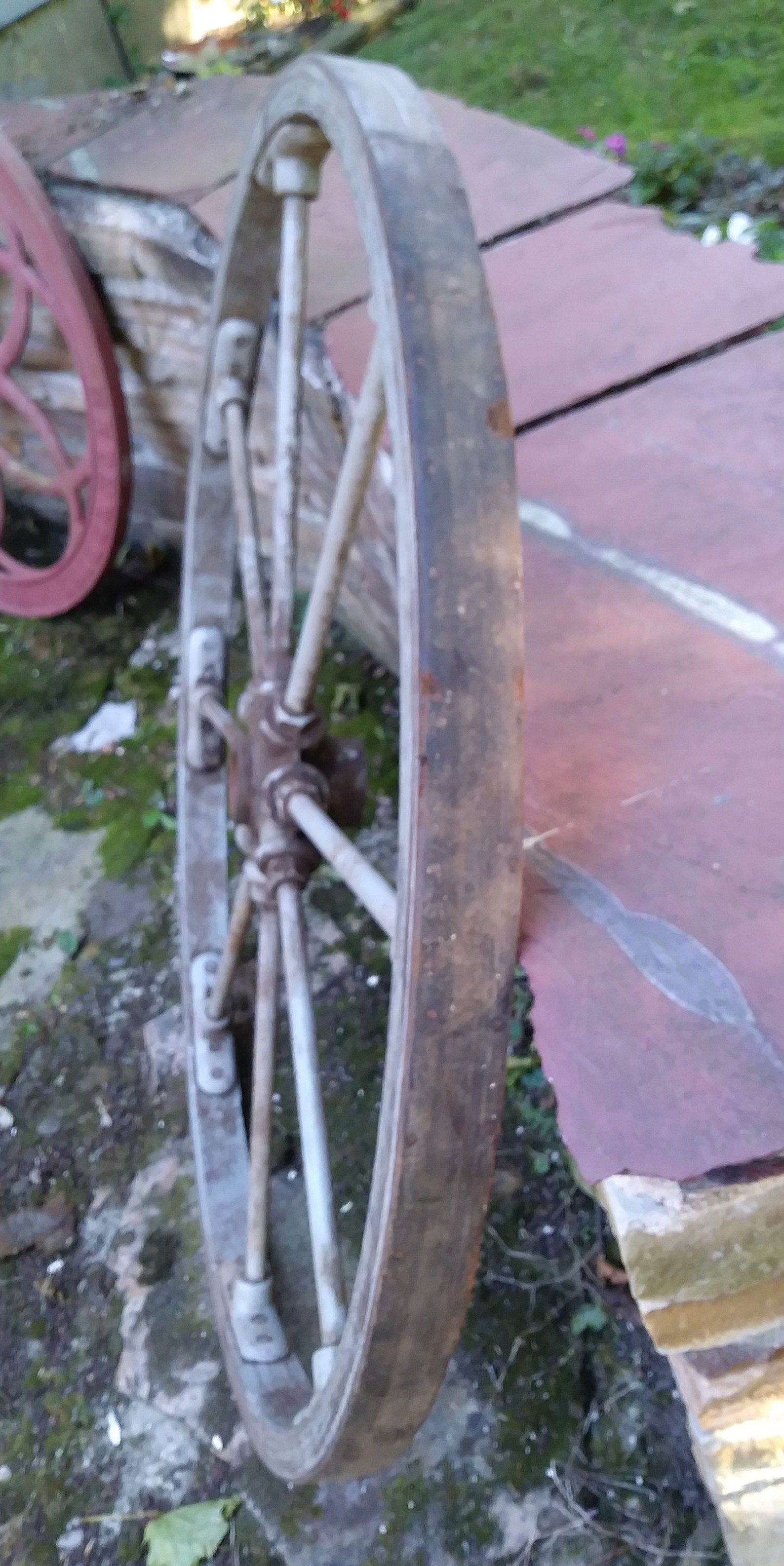 Antique Leather Banded Wooden Wheel With Iron Hub 36 Farm Garden