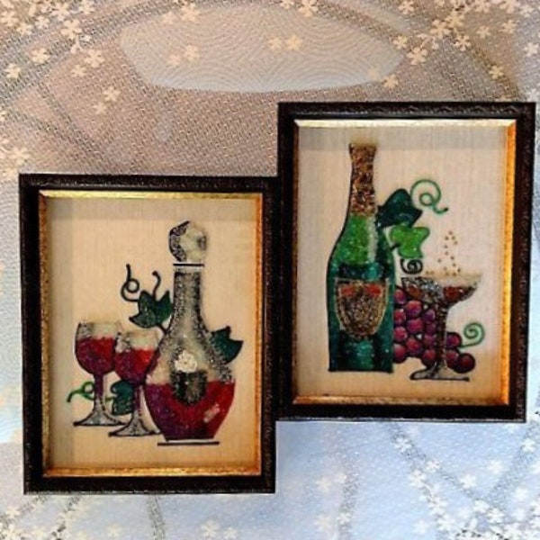Wine and Grapes Design for Bar Room Wine Cellar Home Decor Wall Art Custom Framed Carved Wood with Gravel Art Glass 1970s