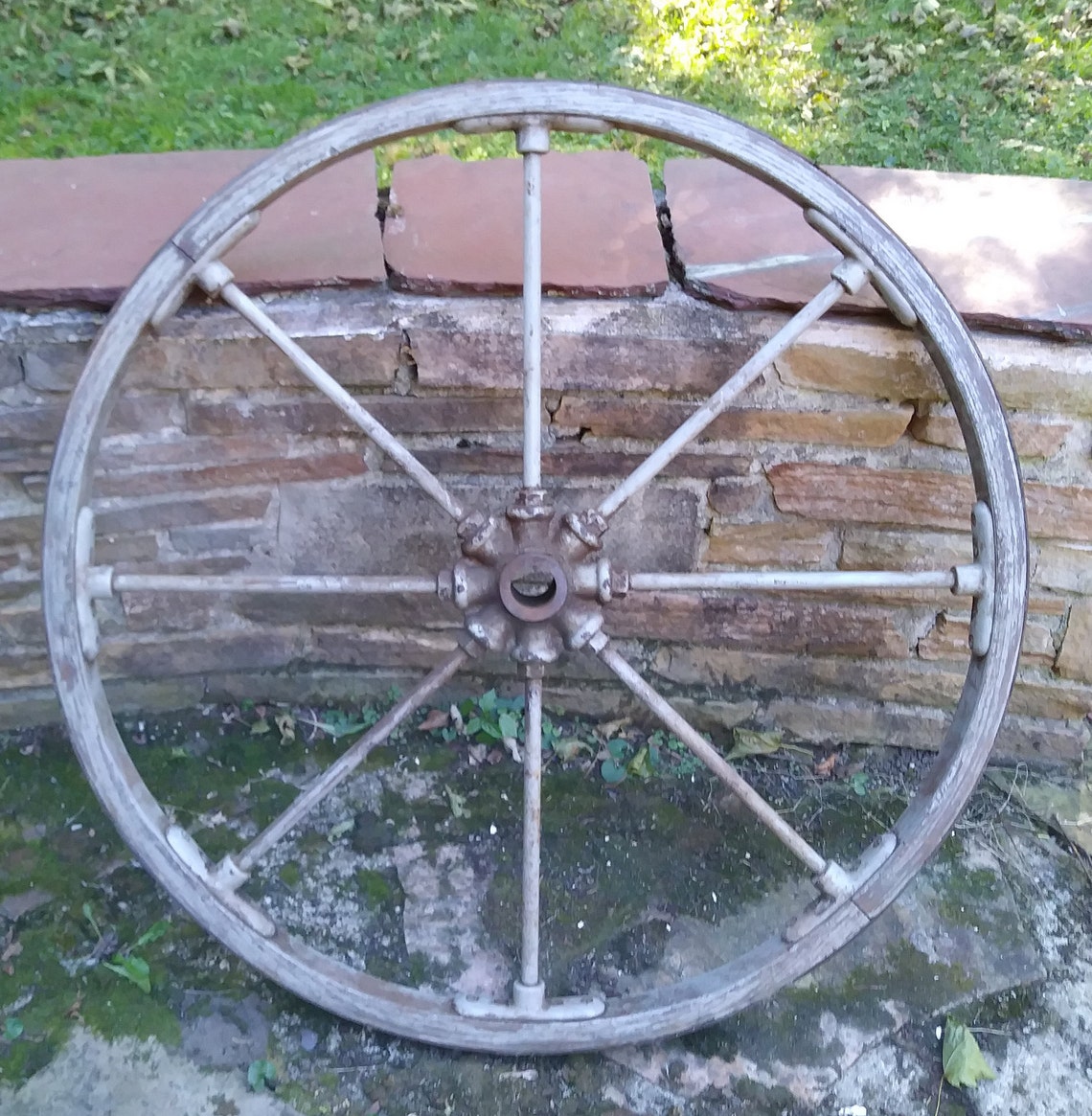 Antique Leather Banded Wooden Wheel With Iron Hub 36 Farm Garden