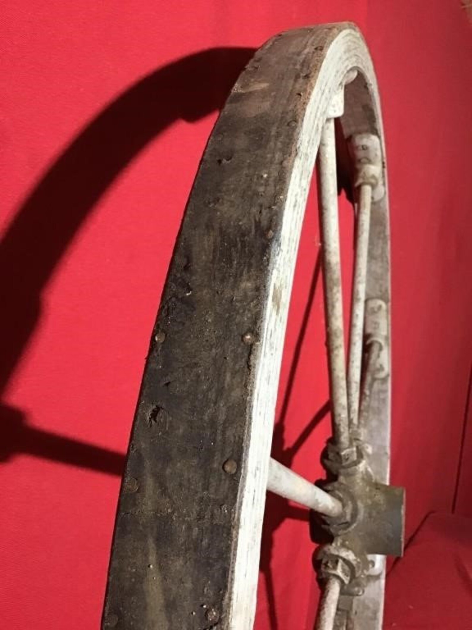 Antique Leather Banded Wooden Wheel With Iron Hub 36 Farm Garden