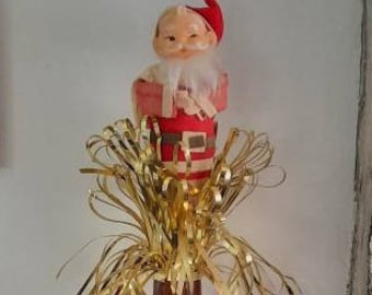 Vintage Winking Santa Tree Topper with Gold Tinsel Christmas Display Centerpiece Collectible Xmas