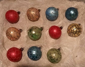 Colorful Vintage 11 Poland Christmas Ornaments Scalloped Glitter Blown Glass Smaller For Feather/Tabletop Tree 1.5" Collector Set Gift