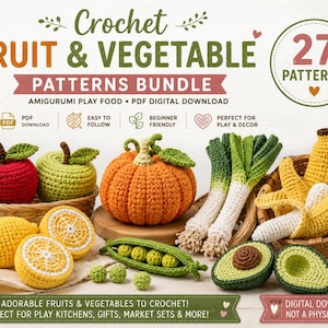 Peut inclure: Un ensemble de 27 modèles de fruits et légumes au crochet pour créer des aliments en amigurumi. L'image présente une pomme rouge, une pomme verte, une citrouille orange, des poireaux, des bananes, des citrons, des petits pois et des avocats.