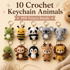 10  Amigurumi Keychain Crochet Patterns Bundle, Mini Animal Keychain PDF, Beginner Crochet Pattern, Bag Charm Digital Download