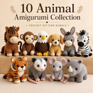 Peut inclure: Une collection de 10 figurines amigurumi crochetées représentant un cheval, un singe, un aigle, un chien, un âne, un zèbre, un tigre, un opossum, une souris et un rhinocéros. Le texte 10 Animal Amigurumi Collection Crochet Pattern Bundle est visible.