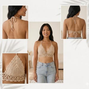 Peut inclure: Un haut dos nu en crochet beige doté d'un corsage triangulaire avec un ourlet festonné. Le vêtement comprend de fines attaches réglables au cou et dans le dos, mettant en valeur un motif en maille détaillé visible de face et de dos.