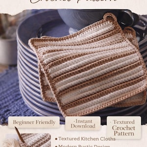 Peut inclure: Gros plan sur deux torchons crochetés à rayures marron et crème. L'image comprend le texte "Winterberry Dishcloth Crochet Pattern", "Beginner Friendly" et "Instant Download".