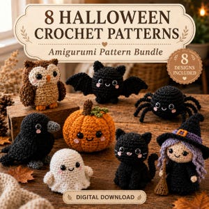 Peut inclure: Un lot de téléchargement numérique comprenant 8 modèles de crochet d'Halloween pour amigurumi. L'image présente des figurines crochetées dont un hibou, une chauve-souris, une araignée, une citrouille, un corbeau, un fantôme, un chat noir et une sorcière.