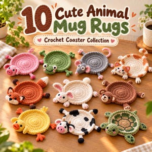 May include: A collection of 10 round crochet coasters featuring animal designs including a pig, frog, mouse, cat, fox, rabbit, monkey, duck, cow, and turtle. The text 10 Cute Animal Mug Rugs Crochet Coaster Collection is displayed above.