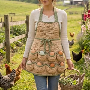 Peut inclure: Un tablier en crochet beige avec une bordure vert sauge et une ceinture à nouer. Le tablier comporte huit poches individuelles, chacune contenant un œuf. Le design comprend une sangle de cou et un lien à la taille pour le rangement.