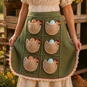 Peut inclure: Un tablier en crochet vert olive doté de six poches intégrées en forme de poules beiges avec des crêtes rouges. Chaque poche en forme de poule contient un œuf, variant du brun clair au bleu pâle. Le tablier présente une bordure en dentelle blanche.