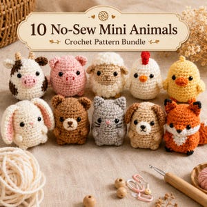 Peut inclure: Un graphique numérique intitulé 10 No-Sew Mini Animals Crochet Pattern Bundle présentant dix petites figurines d'animaux au crochet, dont une vache, un cochon, un mouton, un poulet, un canard, un lapin, un ours, un chat, un chien et un renard.