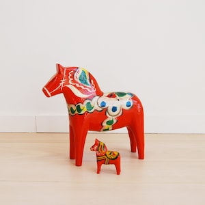 Vintage Swedish Dala Painted Orange Wooden Horses Nils Olsson Nusnas image 1