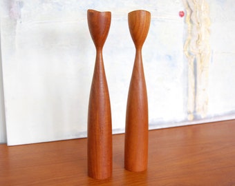 Vintage Danish Modern Teak Candle Holders Made in Denmark - Set of 2