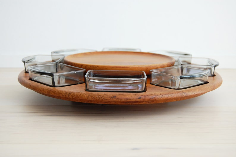 Danish Modern Digsmed Large Teak and Glass Lazy Susan Round Serving Tray Made in Denmark image 2