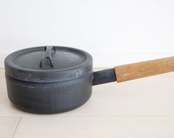 Scandinavian Modern Vintage Arabia Finland Finella Enamel Pot With Wooden Handle Black with Lid