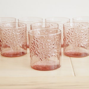 Set of 8 Vintage Clear Pink Flower Pattern Glass Tumblers Flora Style image 1