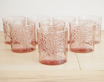 Set of 8 Vintage Clear Pink Flower Pattern Glass Tumblers "Flora Style"