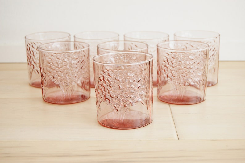 Set of 8 Vintage Clear Pink Flower Pattern Glass Tumblers Flora Style image 1