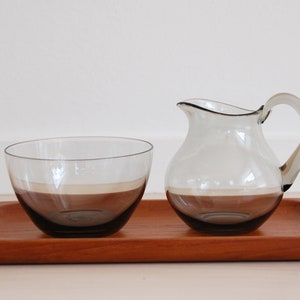 Vintage Scandinavian Modern Sowe Sovestad Smoked Grey Glass Milk and Sugar Containers with Teak Tray image 2