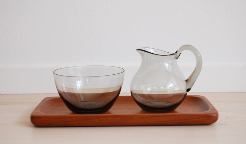 Vintage Scandinavian Modern Sowe Sovestad Smoked Grey Glass Milk and Sugar Containers with Teak Tray image 2