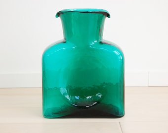 Mid Century Modern Blenko Handcrafted Glass Water Bottle Carafe Pitcher Vase Green