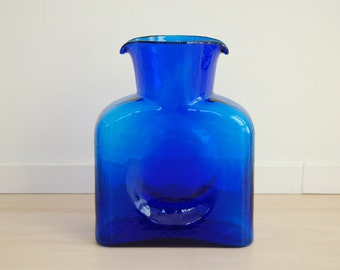 Mid Century Modern Blenko Handcrafted Glass Water Bottle Carafe Pitcher Vase Cobalt Blue