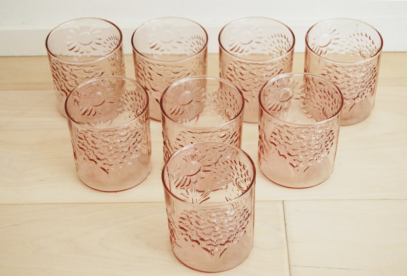 Set of 8 Vintage Clear Pink Flower Pattern Glass Tumblers Flora Style image 5