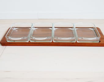 Danish Modern Laurids Lonborg Teak Rectangular Serving Tray with 4 Clear Glass Dishes Made in Denmark