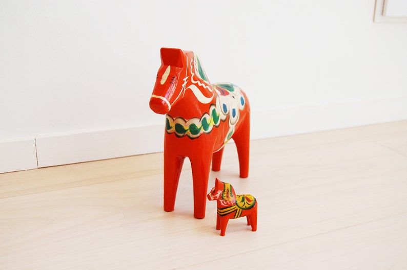 Vintage Swedish Dala Painted Orange Wooden Horses Nils Olsson Nusnas image 2