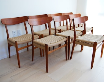 Set of 8 Danish Modern Hans Wegner Teak and Oak Dining Chair Ch-23 Carl Hansen and Son with New Paper Cord Seat