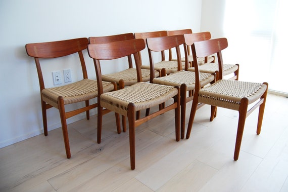 Set of 8 Danish Modern Hans Wegner Teak and Oak Dining Chair Ch-23 Carl  Hansen and Son With New Paper Cord Seat 
