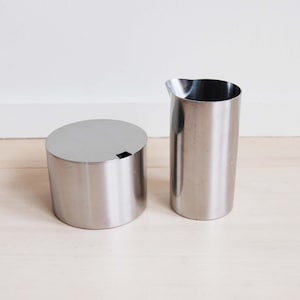 Mid Century Modern Stelton Steel AJ Creamer and Sugar Bowl Set Arne Jacobsen Made in Denmark