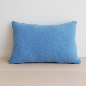 May include: A rectangular throw pillow with a solid light blue color and a soft, fuzzy fleece-like texture. The pillow has rounded corners and a simple, clean design with no patterns, prints, or additional decorative elements on its surface.