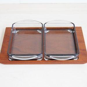 Scandinavian Modern Rectangular Teak Serving Tray with 2 Glass Dishes image 1