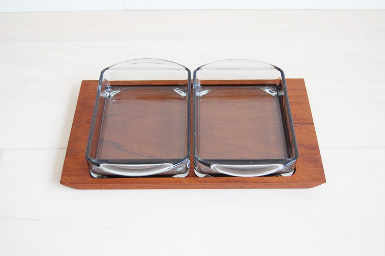 Scandinavian Modern Rectangular Teak Serving Tray with 2 Glass Dishes image 1