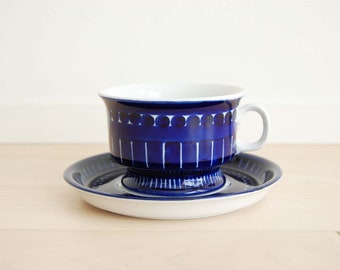 May include: A blue and white ceramic teacup and saucer set with a geometric pattern. The cup has a wide base and a handle. The saucer has a matching pattern.