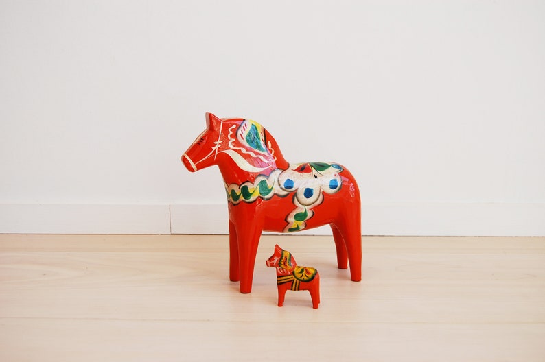 Vintage Swedish Dala Painted Orange Wooden Horses Nils Olsson Nusnas image 1