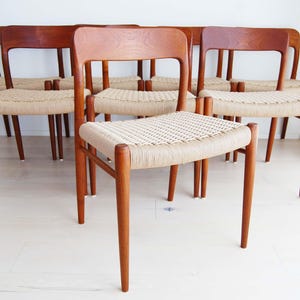 Set of 8 Danish Modern J L Moller Model 75 Teak Dining Chairs with Paper Cord Seats Niels Otto Moller