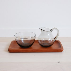 Vintage Scandinavian Modern Sowe Sovestad Smoked Grey Glass Milk and Sugar Containers with Teak Tray image 1