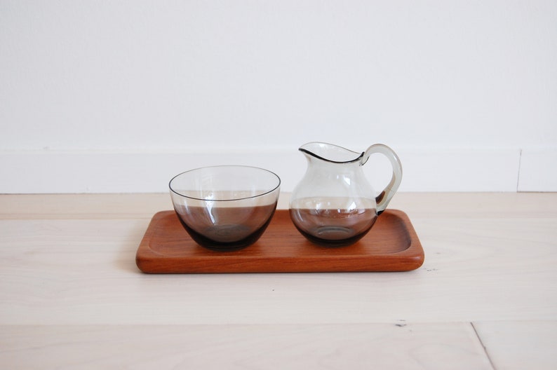 Vintage Scandinavian Modern Sowe Sovestad Smoked Grey Glass Milk and Sugar Containers with Teak Tray image 1