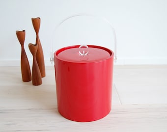 Mid-century Modern Plastic Ice Bucket in Red with Liner