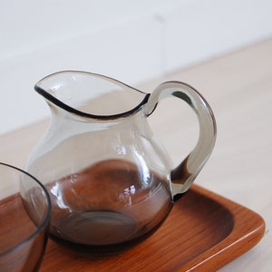 Vintage Scandinavian Modern Sowe Sovestad Smoked Grey Glass Milk and Sugar Containers with Teak Tray image 4